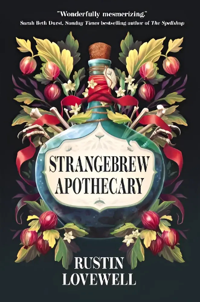 De boekcover van strangebrew apothecary van harpercollins publishers toont een sierlijke donkergroene glazen apothekersfles