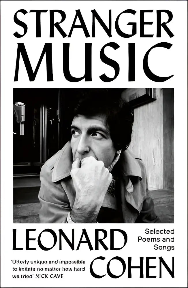 Black-and-white album cover of leonard cohen in a textured coat for stranger music vintage classics collection