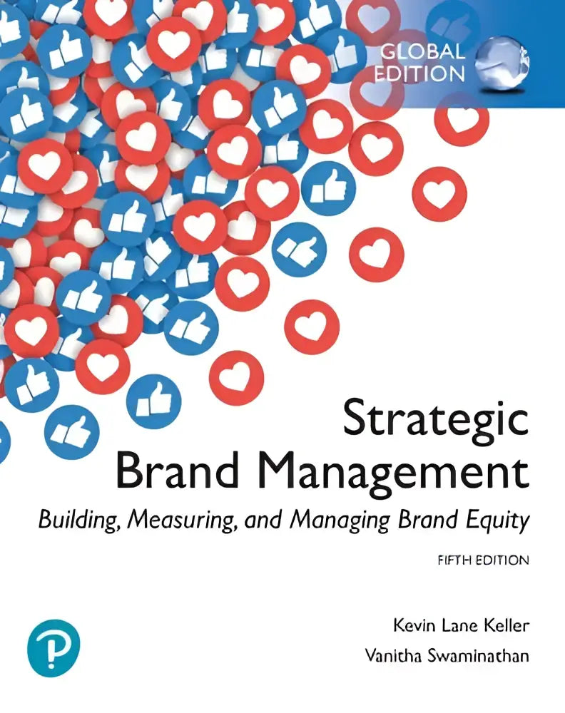 De boekcover van strategic brand management toont een witte achtergrond met rode en blauwe sociale media-iconen en de titel in zwarte tekst