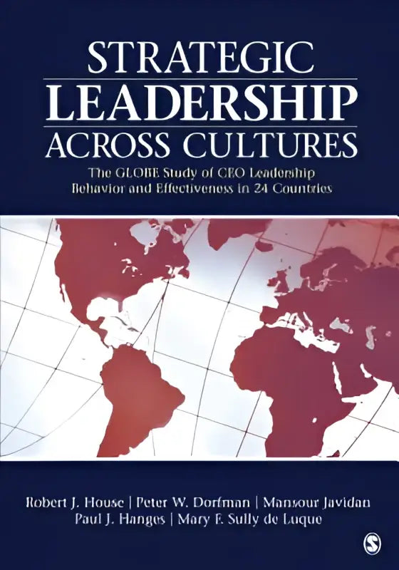 De boekcover van strategic leadership across cultures toont witte tekst op donkerblauwe achtergrond met wereldkaart in rood en wit