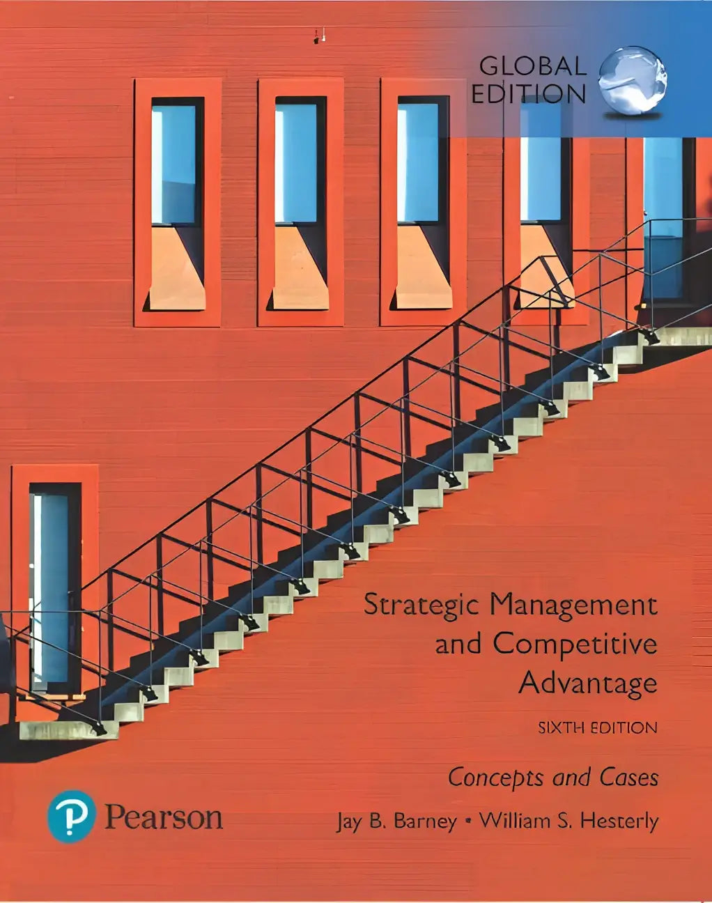 The book cover of strategic management and competitive advantage features a bold orange-red textured surface with three windows and black metal staircase railings