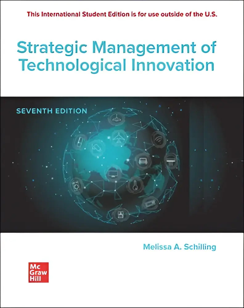 De boekomslag toont de zevende editie van strategic management of technological innovation ise met een teal en zwarte globe en digitale iconen