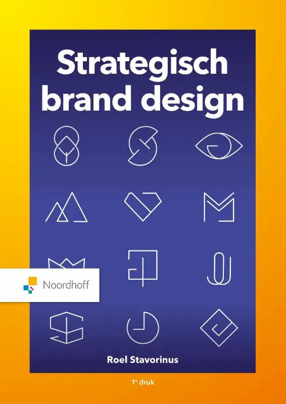 De cover van het boek strategisch brand design toont een navy blauwe achtergrond met witte minimalistische line-art logo’s