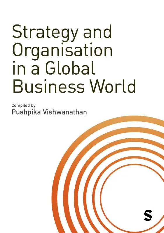 De boekcover van strategy and organisation in a global business world toont een oranje concentrisch cirkelontwerp op witte achtergrond