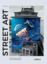 Blauw street art poster met gestileerde stadsgezichten en levendige neonverlichting in een abstract graffiti ontwerp