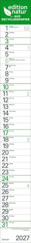 Groene en witte kalender 2027 van edition natur gemaakt van recyclingpapier edition natur als smalle wandplaner