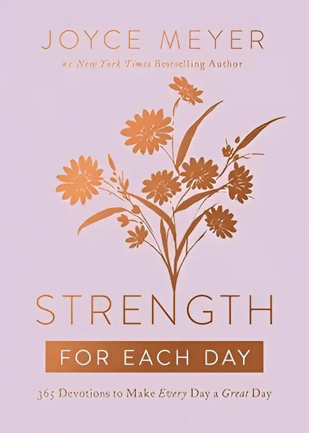 Een zacht lavendelkleurig boek met een elegante illustratie van goudoranje bloemen en bladeren getiteld strength for each day