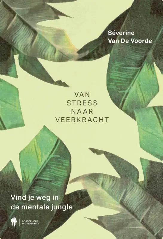 Boek van stress naar veerkracht met groene bananenbladeren op geel omslag gericht op maatschappij algemeen