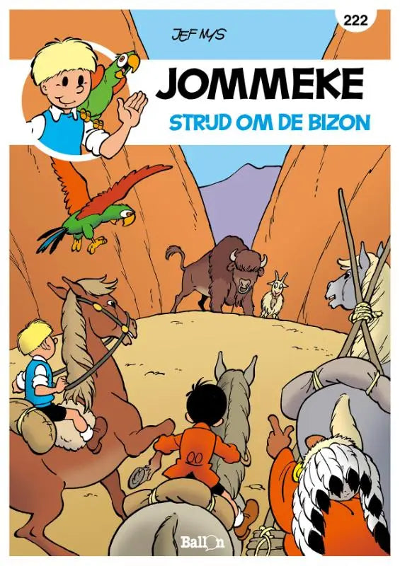 De cover van de jommeke comic strip strijd om de bizon door jef nys toont levendige kleuren en dynamische karakters