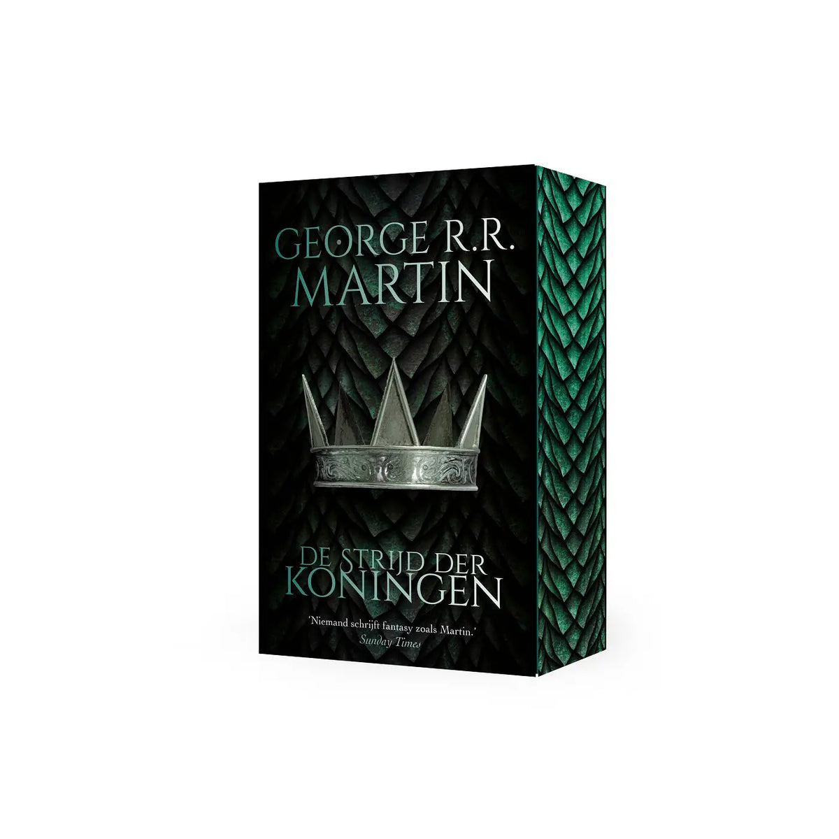 Black box set with a silver crown and green dragon-scale pattern titled strijd der koningen by george r.r from luitingh sijthoff fantasy