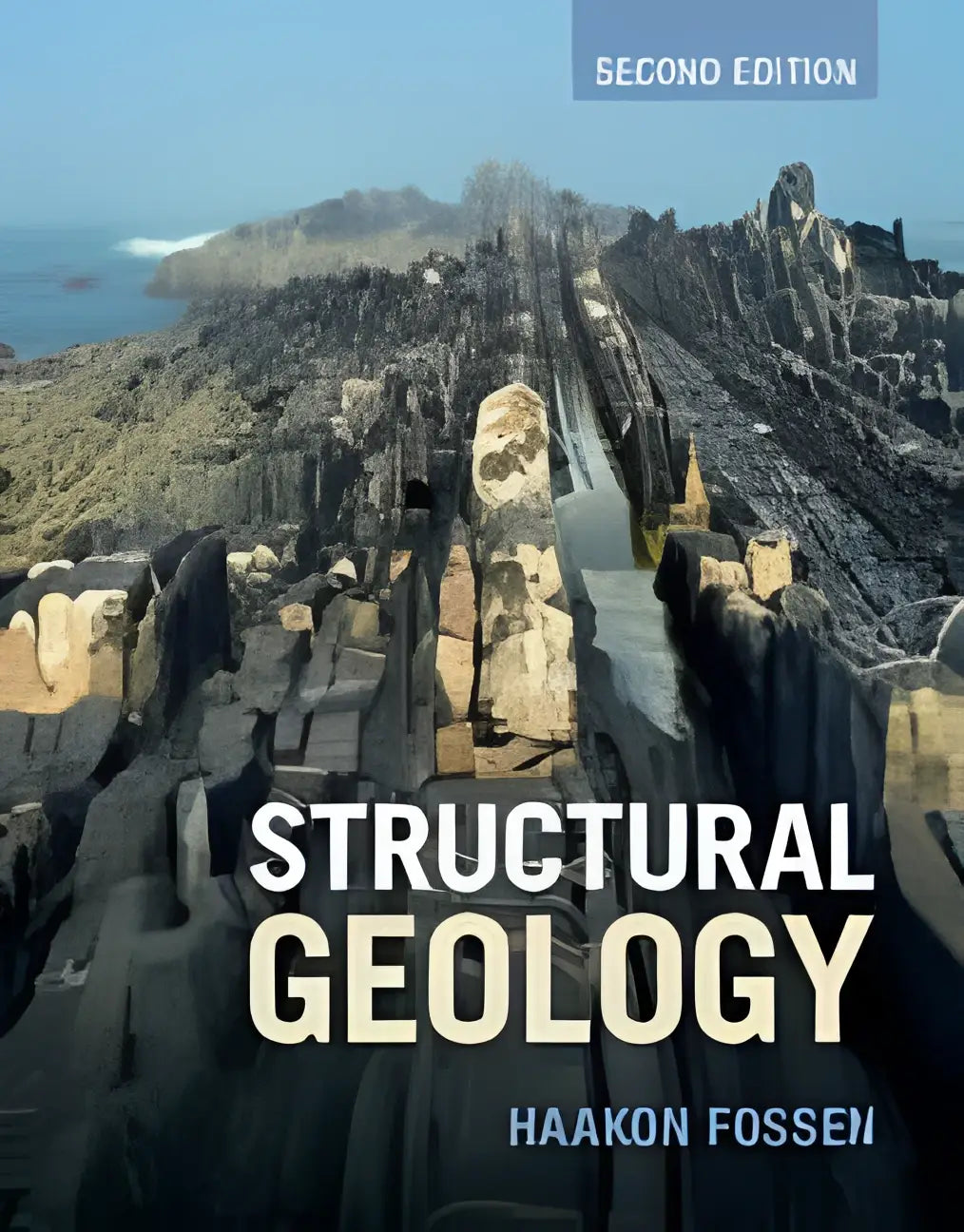 Het tweede editie leerboek structural geology door haakon fossen met een dramatische luchtfoto van rotsformaties en hoofdstukken over joints en veins