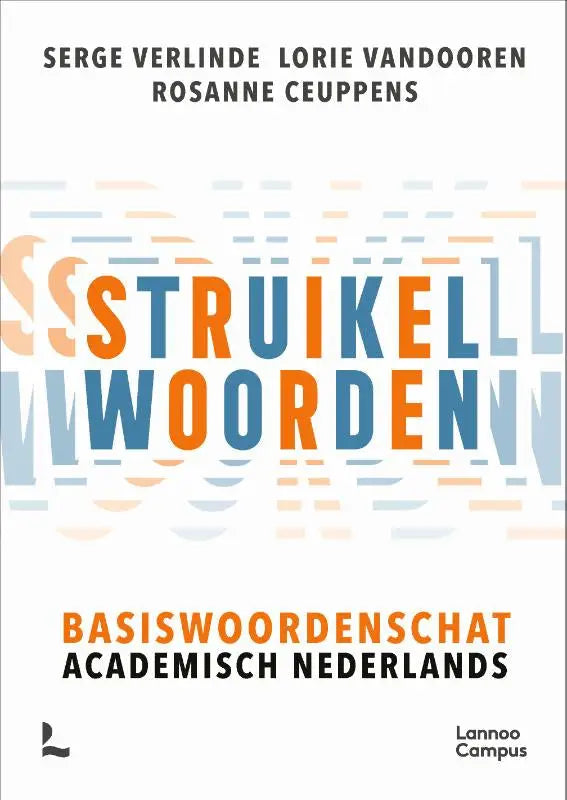 De boekcover van struikelwoorden toont vet oranje en blauw lettertype op witte achtergrond met abstracte geometrische patronen door lorie vandooren, rosanne ceuppens en serge verlinde