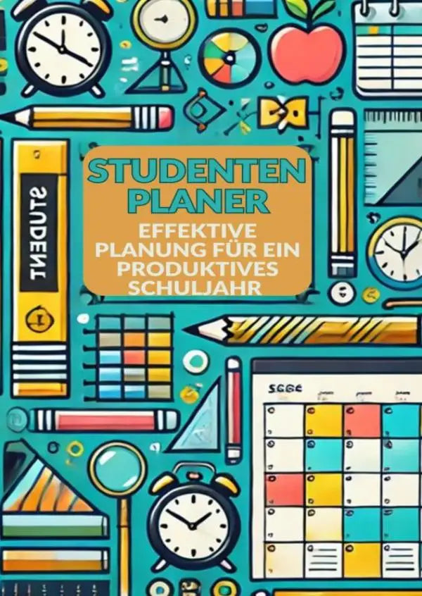 Vibrante turquoise studentenplaner met kleurrijke schoolspullen en een oranje label voor effectieve planning en ein produktives schuljahr