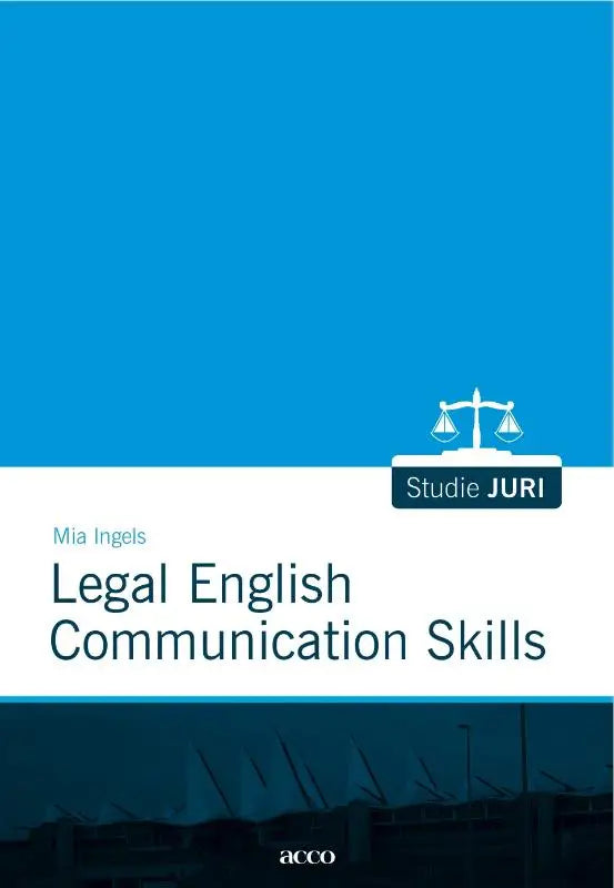 Blauw-wit studie juri 1 boek over legal english communication skills door mia ingels met weegschaal icoon