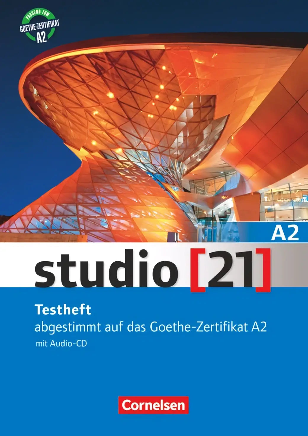 Studio 21 a2 testheft met audio-cd met moderne oranje architectonische afbeelding op de omslag
