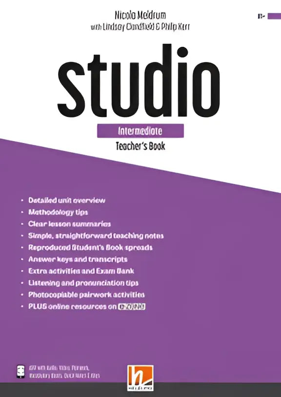 Studio Intermediate Teacher’s Book met paarse en witte cover en zwarte tekst