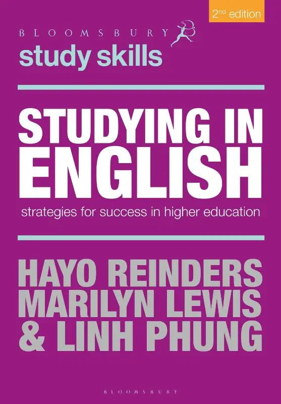 Purple book cover of studying in english 2nd edition by bloomsbury with white and blue text for strategies for success in higher education
