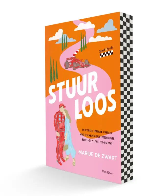 Een kleurrijk oranje en roze kinderboek stuurloos met een rode formule 1-auto en geruite randontwerp