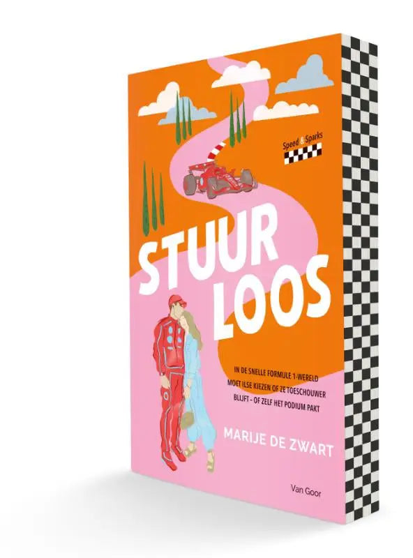 Een levendig oranje en roze kinderboek stuurloos met geïllustreerde raceauto personages en een zwart-witte geruite rug