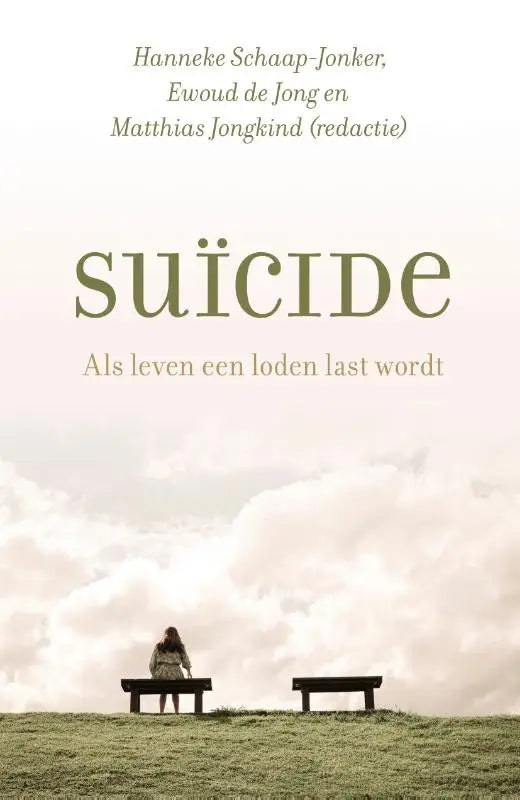 De boekcover van suïcide toont de titel in olivegroene, serif letters op een zachte roze en witte hemel achtergrond loden last