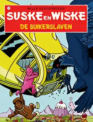 De cover van het comicboek suske en wiske de suikerslaven toont een gele vliegtuig boven een kleurrijk cartoonlandschap