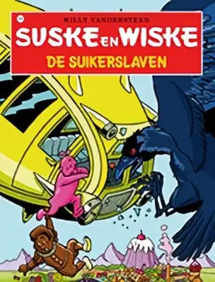 De cover van de strip suske en wiske de suikerslaven toont een gele vliegtuig van willy vandersteen boven een kleurrijk landschap