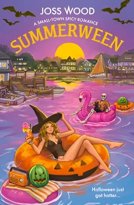 Een kleurrijke geïllustreerde boekcover van Summerween door Joss Wood met een vrouw in een zwarte heksenhoed op een oranje pompoenfloat