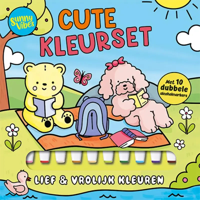Cute kinder kleurset sunny vibes met gele beer en roze poedel op deken inclusief 10 alcoholmarkers