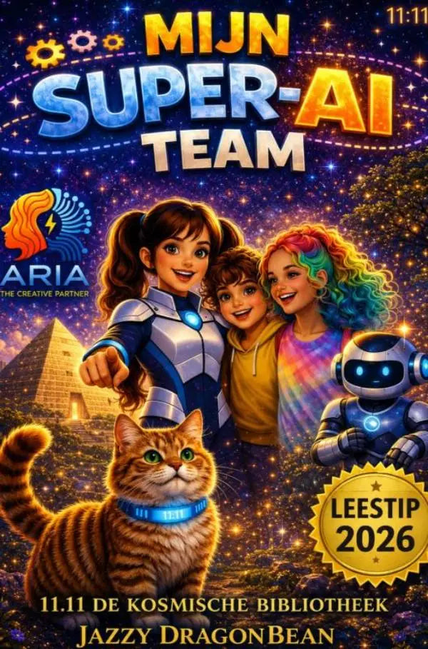 De poster van mijn super ai team toont een kleurrijke illustratie van kinderen met een robot bij de piramides een boek waarmee jij de baas leert blijven