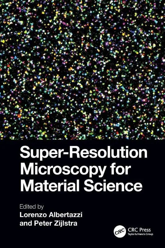 Zwart boek met kleurrijk gestippeld patroon en titel super-resolution microscopy for material science voor materials science en chemistry