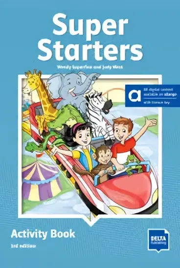 Super starters activity book 3rd edition hybrid edition met kleurrijke cartoonillustraties van kinderen op een achtbaan met dieren