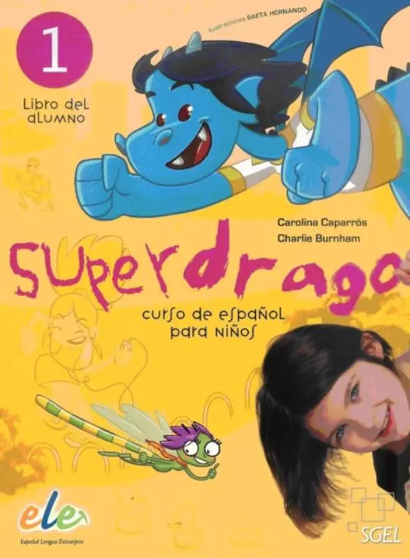 Blauwe cartoon draak met zwarte stekelige haren en gele strepen op het lichaam uit superdrago 1 student book