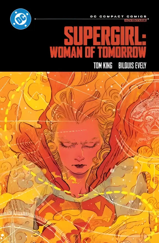 Oranje en gele geïllustreerde comic book cover met supergirl in een vloeiende cape in dc compact comics vrouw van morgen