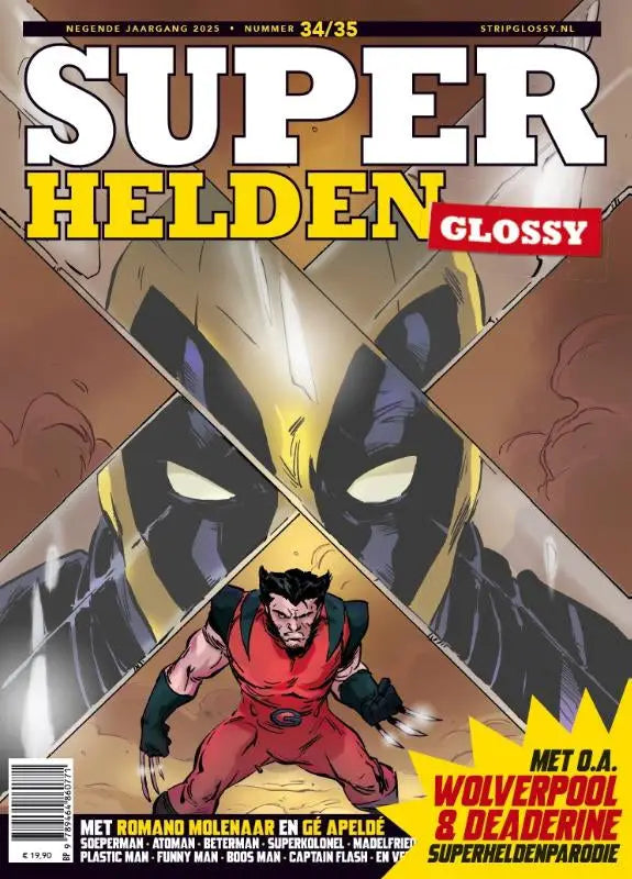 De cover van superhelden glossy toont wolverine in rood zwart kostuum met gloeiende gele ogen en klauwen uitgestrekt