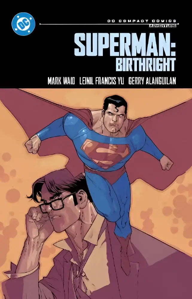 Superman birthright dc compact comics edition cover featuring blue and red superman in flight above man with glasses