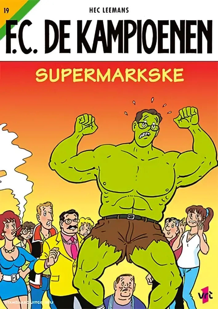 Een groene gespierde cartoonfiguur met bruine short en bril staat centraal op de cover van supermarkske van hec leemans strips algemeen