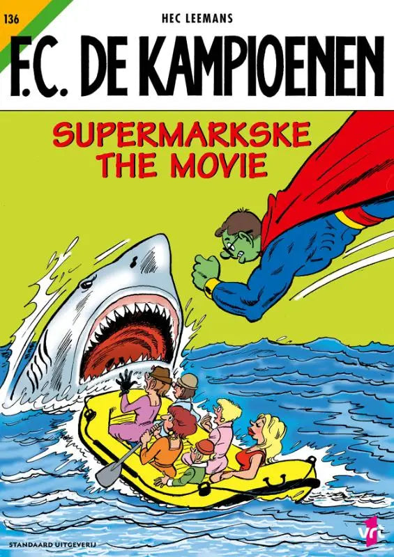 Vibrante cover van supermarkske the movie met blauwe en rode superheld die boven gele vlot vliegt terwijl reuzenhaai aanvalt