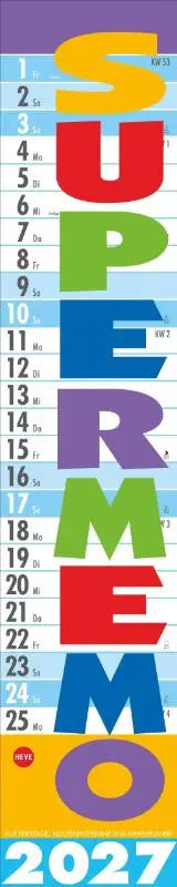 Colorful supermemo kalender 2027 mit vertikal gestapelten buchstaben und einspaltigem streifenkalender fürs büro