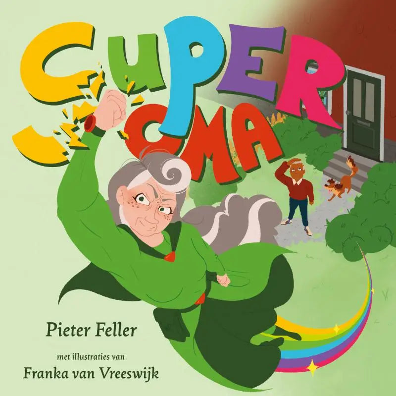 Cartoonillustratie van superoma als superheldin met grijs krullend haar en een groen kostuum voor jonge lezers