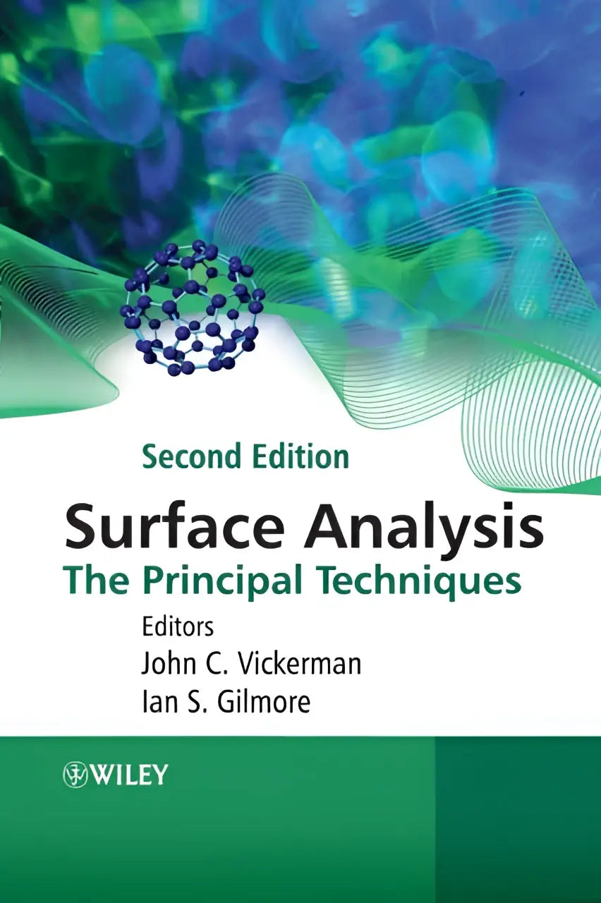 De boekomslag van surface analysis the principal techniques tweede editie toont een moleculaire structuur in donkerblauw tegen een abstracte groene en teal achtergrond