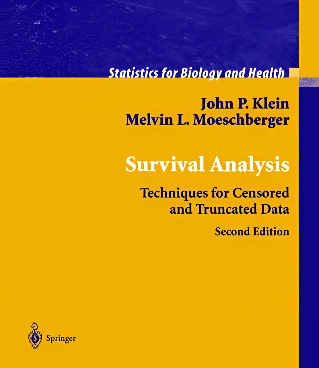 Gele en blauwe hardcover leerboek survival analysis door john p met technieken voor censored en truncated data