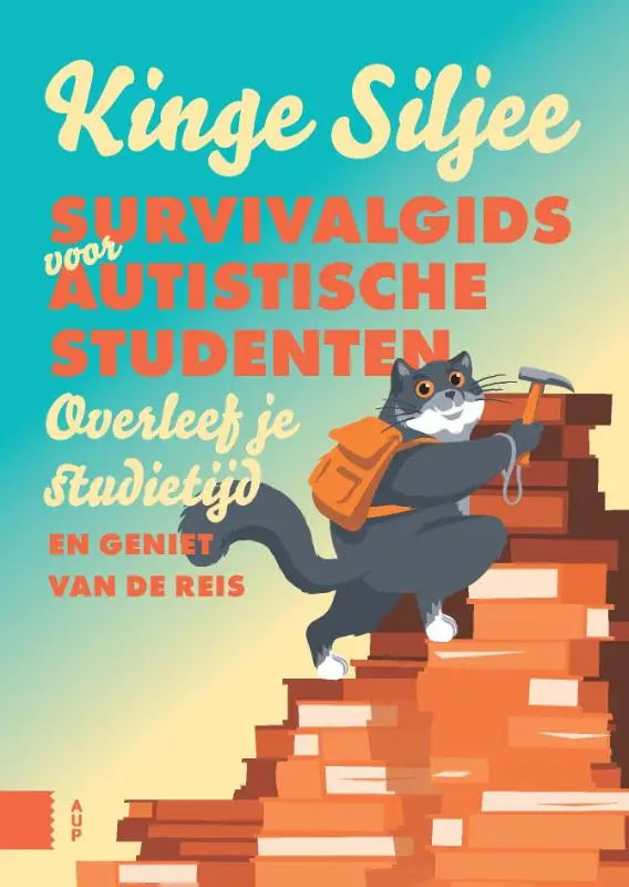 Cartoon kat met rugzak en hamer klimt stapel boeken voor survivalgids voor autistische studenten
