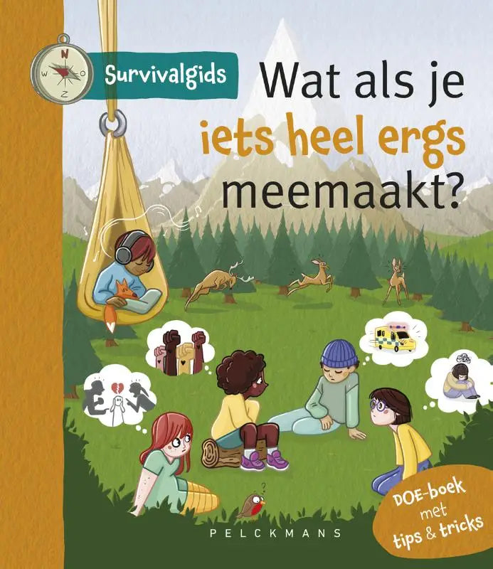 De kleurrijke cover van survivalgids - wat als je iets heel ergs meemaakt toont kinderen in een buitenomgeving