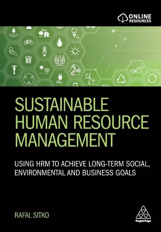 Groen en zwart boekcover van sustainable human resource management door rafal sitko over sustainable hrm en human resource management gepubliceerd door kogan page