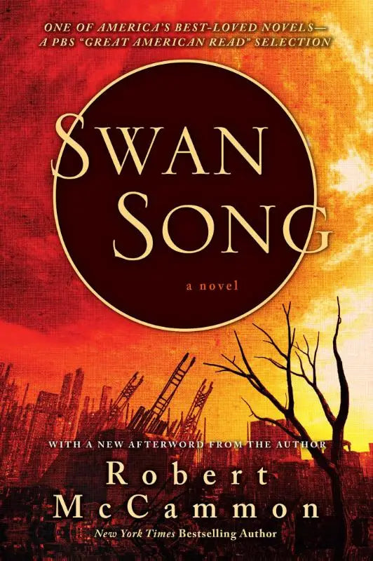 De boekcover van swan song door robert mccammon toont gouden letters op een donkere cirkel met een oranje rode zonsondergang
