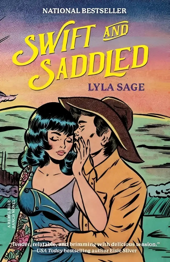 De cover van de nationale bestseller swift and saddled toont een kleurrijke retroillustratie voor de rebel blue ranch novel
