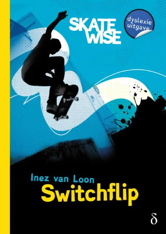 Blauwe en gele boekomslag met zwarte silhouet van skateboarder in de lucht uit serie skatewise deel 2 switchflip