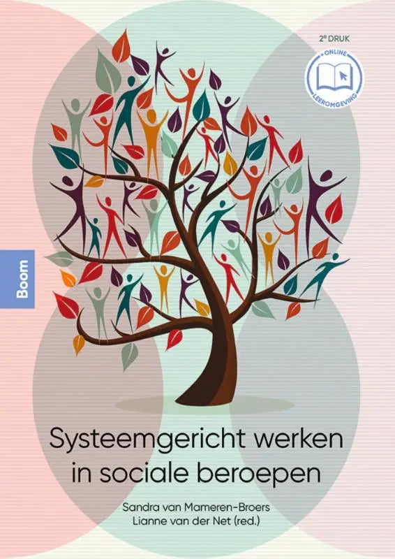 De cover van het boek systeemgericht werken in sociale beroepen toont een gestileerde boom met kleurrijke menselijke figuren en pastelkleuren uitgegeven door koninklijke boom uitgevers