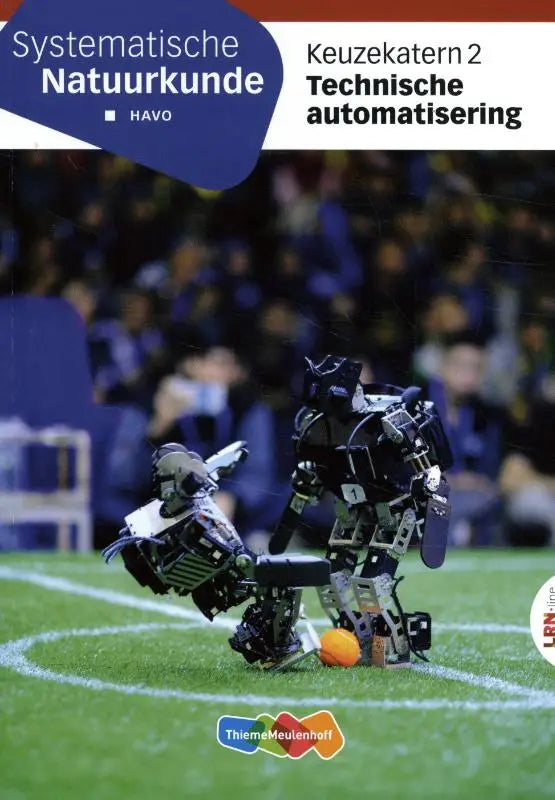 Black and silver robotic soccer players on a green field with an orange ball illustrating systematische natuurkunde