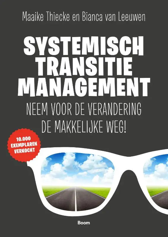 Witte zonnebril met reflecterende glazen die een weg naar de horizon toont voor systemisch transitiemanagement
